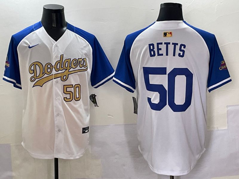 Men Los Angeles Dodgers 50 Betts White Blue Champion gold character Nike 2025 MLB Jersey style 5051